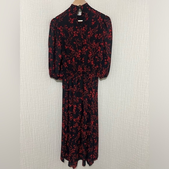 Nanette Lepore 4 Tie Mock Neck Smocked Pleated Long Sleeve Dress Floral - Picture 3 of 6